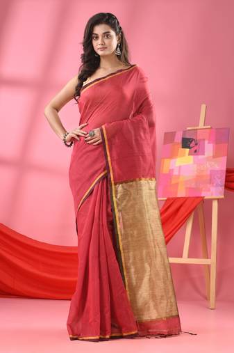 Dark Peach Cotton Blend Handloom Saree Without Blouse