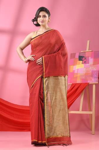 Red Cotton Blend Handloom Saree Without Blouse