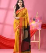 Yellow cotton blend temple motive handloom saree