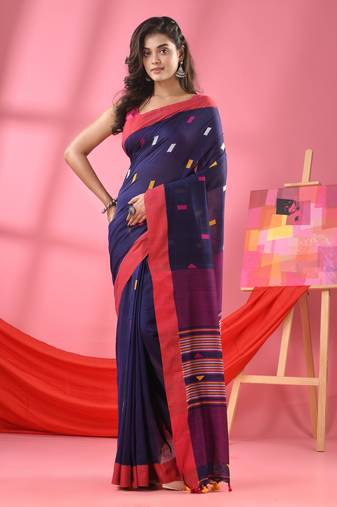 Navy blue cotton all body kantha stitch buti handloom saree