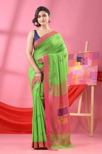 Green cotton blend all body laptop motive handloom saree