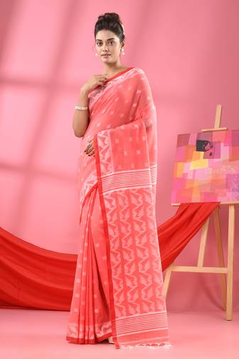 Dark peach cotton jacquard handloom saree