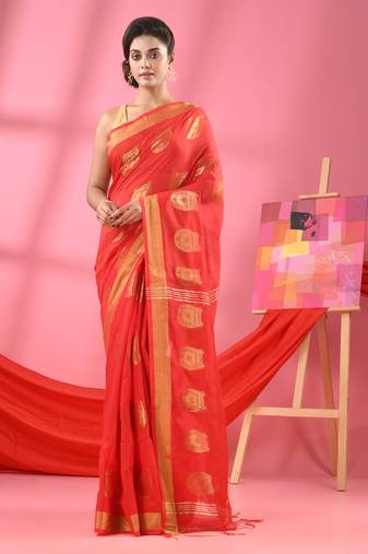 Red cotton blend handloom saree