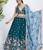 Teal Soft silk Sequins and thread embroidery Semi-Stitched Lehenga choli & Dupatta