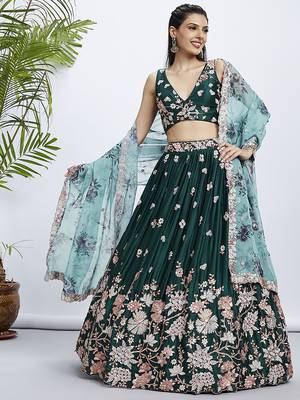 Green Soft silk Sequins and thread embroidery Semi-Stitched Lehenga choli & Dupatta 1
