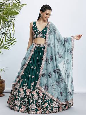 Green Soft silk Sequins and thread embroidery Semi-Stitched Lehenga choli & Dupatta 3