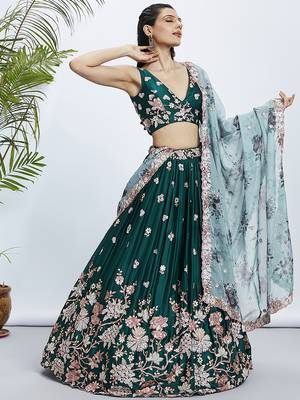 Green Soft silk Sequins and thread embroidery Semi-Stitched Lehenga choli & Dupatta 4
