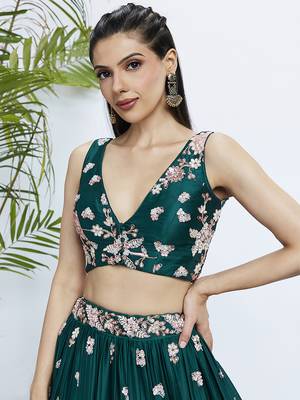 Green Soft silk Sequins and thread embroidery Semi-Stitched Lehenga choli & Dupatta 6