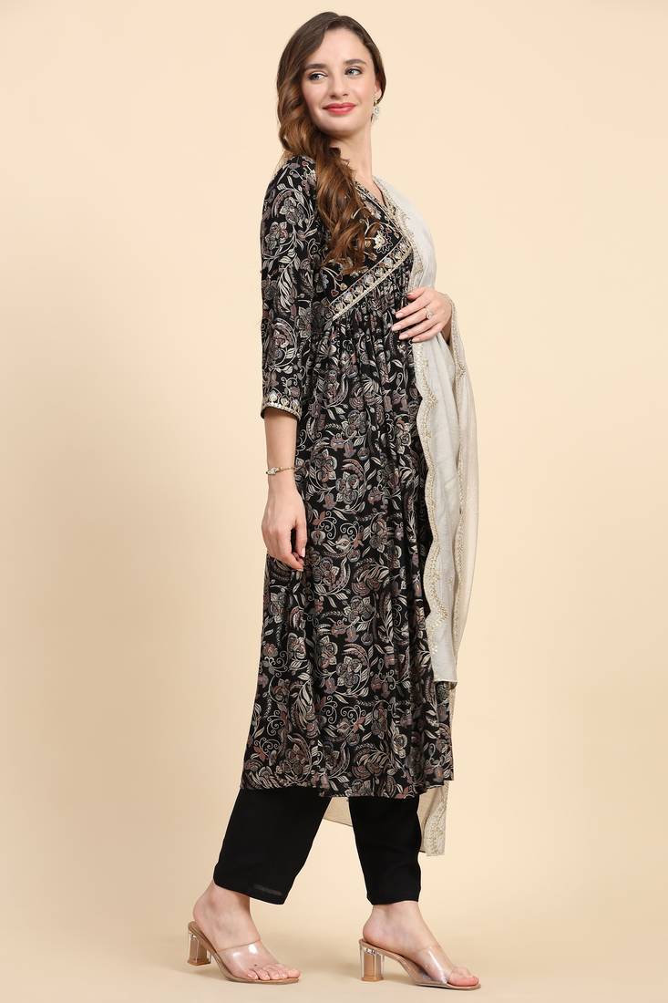 Women Multicolor Rayon Alia cut Rayon Embroidered & Floral Printed Kurta with pant & dupatta