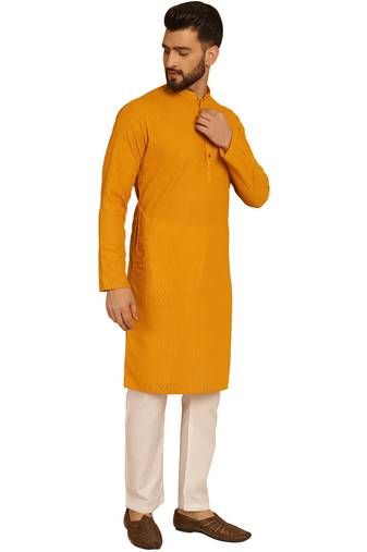 Myellow chikankari embroidery cotton kurta with cotton aligarh pajama by treemoda