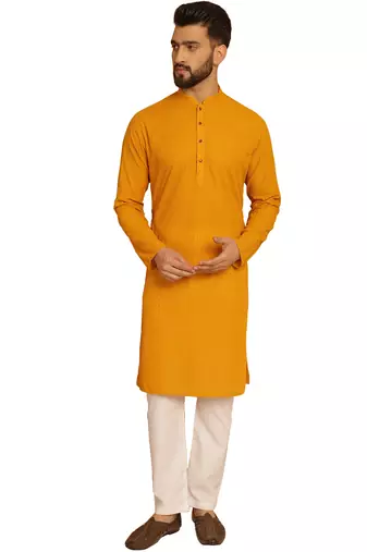 Myellow chikankari embroidery cotton kurta with cotton aligarh pajama by treemoda
