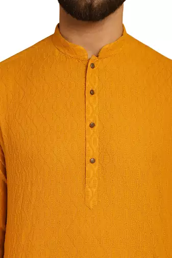 Myellow chikankari embroidery cotton kurta with cotton aligarh pajama by treemoda