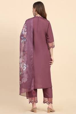Women's Satin Silk Embroidery Salwar Suit Kurta Pant with Dupatta Set 2
