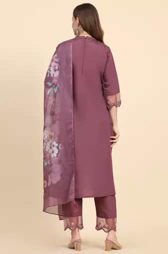 Trendmalls Women's Satin Silk Embroidery Salwar Suit Kurta Pant with Dupatta Set