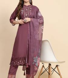 Women's Satin Silk Embroidery Salwar Suit Kurta Pant with Dupatta Set