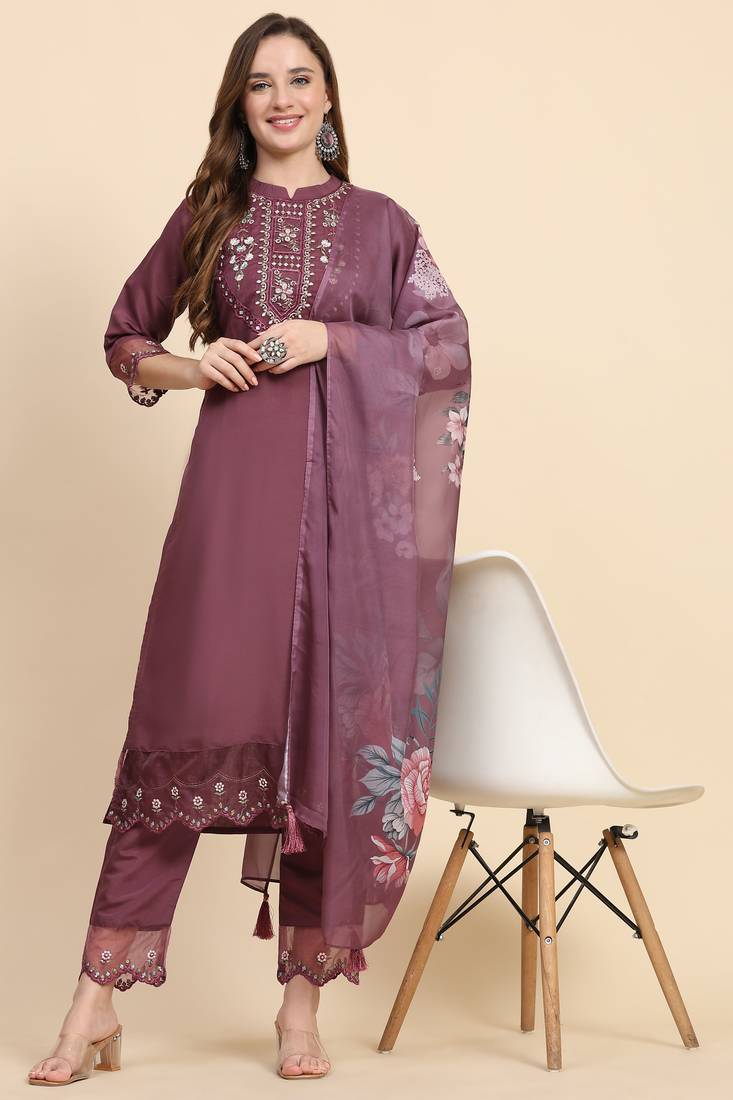 Women's Satin Silk Embroidery Salwar Suit Kurta Pant with Dupatta Set