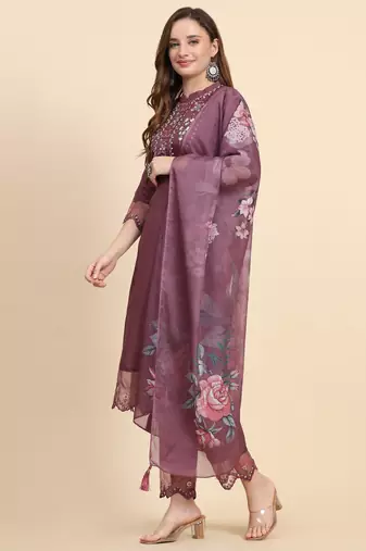 Trendmalls Women's Satin Silk Embroidery Salwar Suit Kurta Pant with Dupatta Set