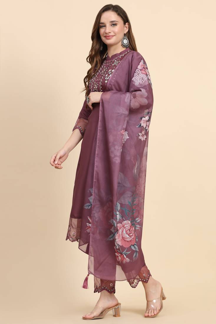 Women's Satin Silk Embroidery Salwar Suit Kurta Pant with Dupatta Set