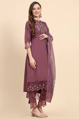 Women's Satin Silk Embroidery Salwar Suit Kurta Pant with Dupatta Set 4