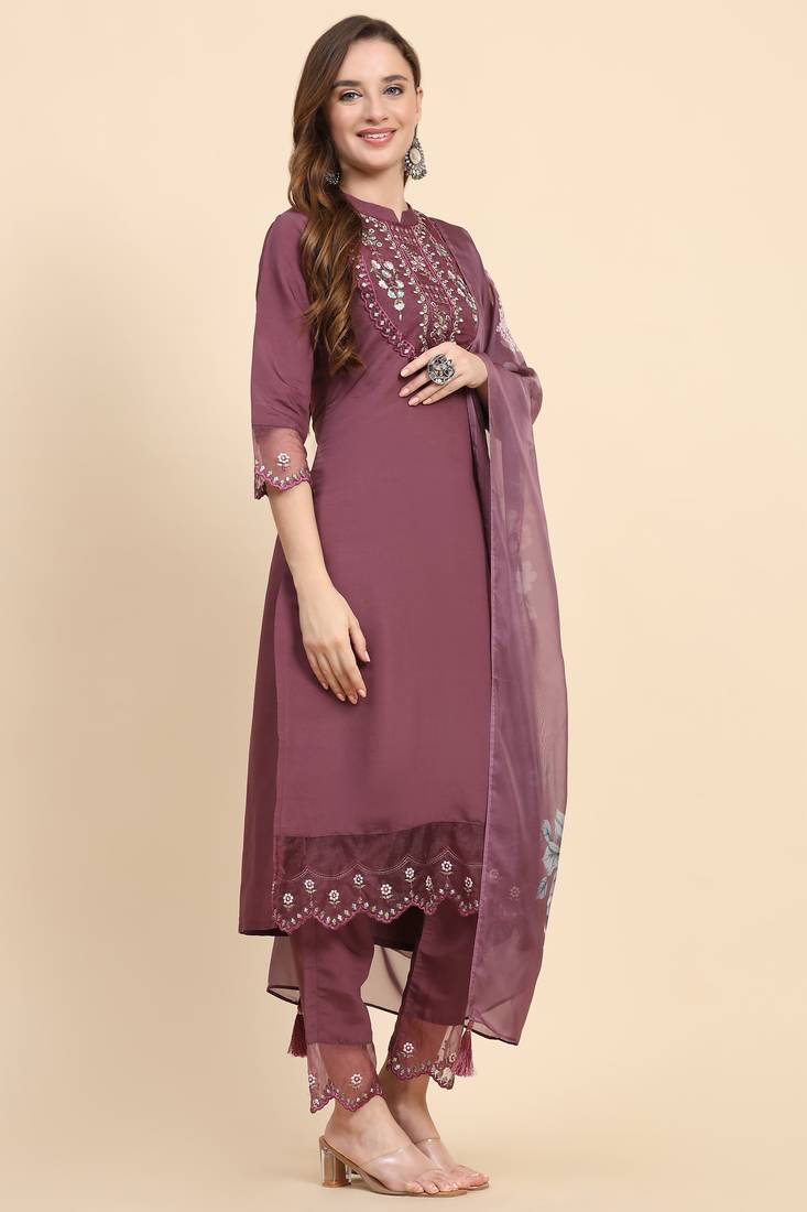 Women's Satin Silk Embroidery Salwar Suit Kurta Pant with Dupatta Set