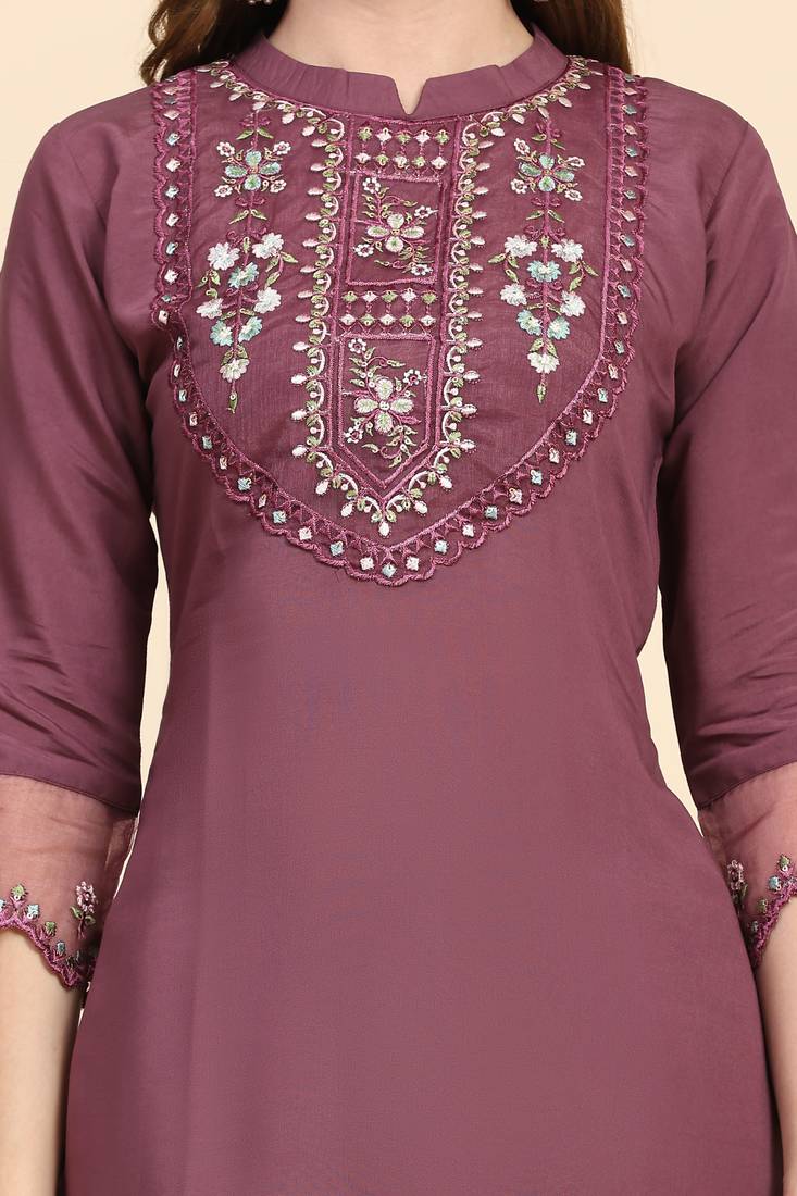 Women's Satin Silk Embroidery Salwar Suit Kurta Pant with Dupatta Set