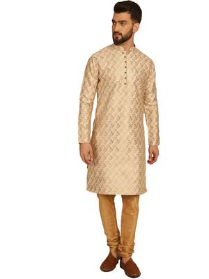 Beige golden silk brocit embroidery work silk kurta with silk churidar pajama 1