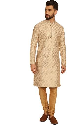 Beigegolden silk brocit embroidery work silk kurta with silk churidar pajama