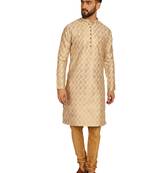 Beige golden silk brocit embroidery work silk kurta with silk churidar pajama