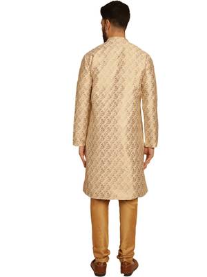 Beige golden silk brocit embroidery work silk kurta with silk churidar pajama 2