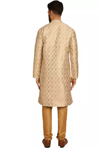 Beige golden silk brocit embroidery work silk kurta with silk churidar pajama