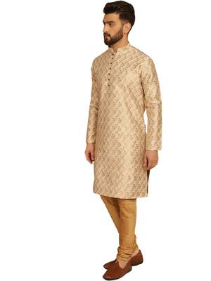 Beige golden silk brocit embroidery work silk kurta with silk churidar pajama 3