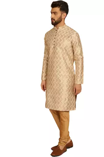 Beige golden silk brocit embroidery work silk kurta with silk churidar pajama