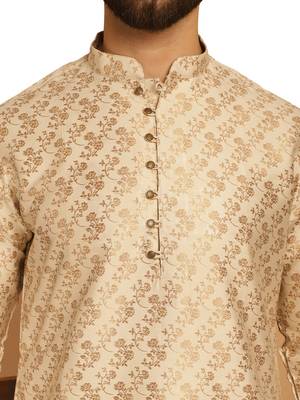 Beige golden silk brocit embroidery work silk kurta with silk churidar pajama 4
