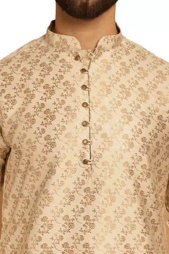 Beige golden silk brocit embroidery work silk kurta with silk churidar pajama