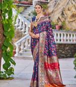 Blue Kashmiri Pashmina Style Blend Cotton Weaving Saree With Blouse