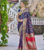 Blue Kashmiri Pashmina Style Blend Cotton Weaving Saree With Blouse