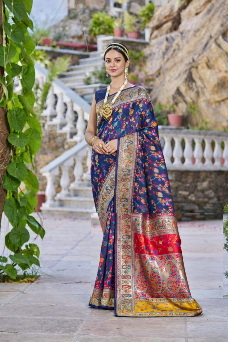 Blue Kashmiri Pashmina Style Blend Cotton Weaving Saree With Blouse