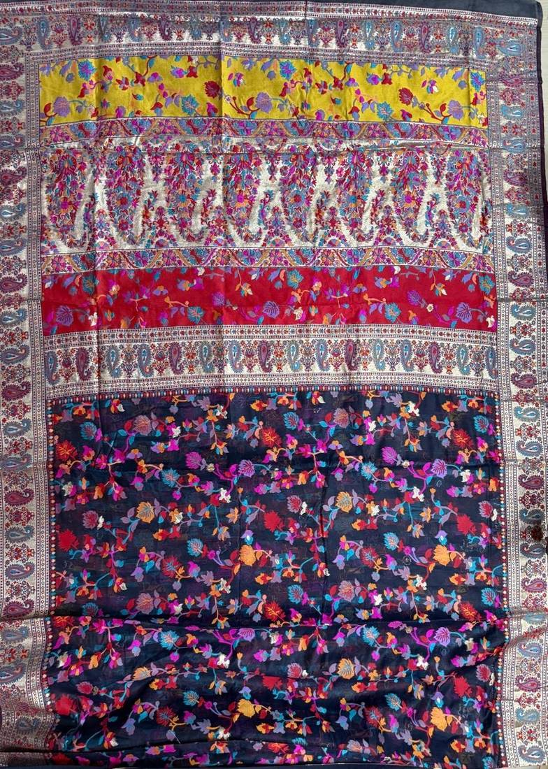 Blue Kashmiri Pashmina Style Blend Cotton Weaving Saree With Blouse