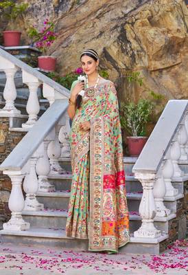 Green Stylish Cotton Blend Banarasi Style Soft Saree With Blouse 1
