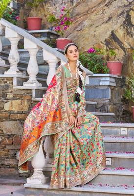 Green Stylish Cotton Blend Banarasi Style Soft Saree With Blouse 4