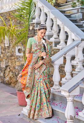 Green Stylish Cotton Blend Banarasi Style Soft Saree With Blouse 5