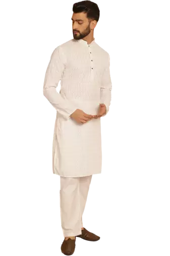 White chikankari embroidery cotton kurta with cotton aligarh pajama by treemoda