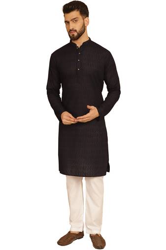 Black chikankari embroidery cotton kurta with cotton aligarh pajama