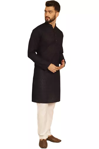 Black chikankari embroidery cotton kurta with cotton aligarh pajama