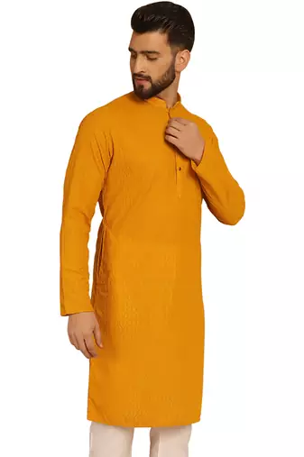 Myellow chikankari embroidery cotton kurta by treemoda