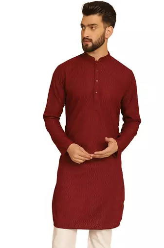 Maroon chikankari embroidery cotton kurta