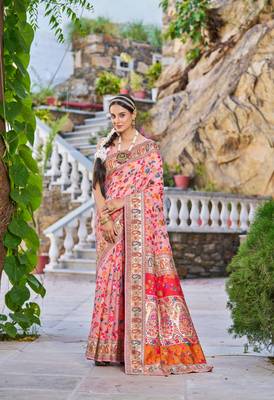 Peach Kashmiri Pashmina Style Blend Cotton Weaving Saree With Blouse 1
