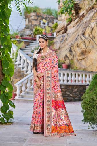 Peach Kashmiri Pashmina Style Blend Cotton Weaving Saree With Blouse