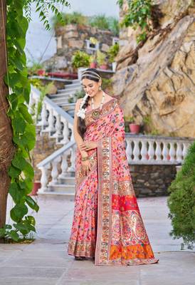 Peach Kashmiri Pashmina Style Blend Cotton Weaving Saree With Blouse 2