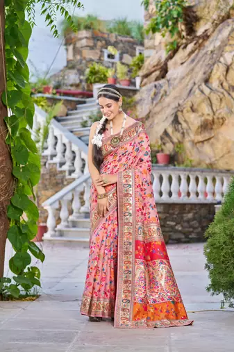 Peach Kashmiri Pashmina Style Blend Cotton Weaving Saree With Blouse